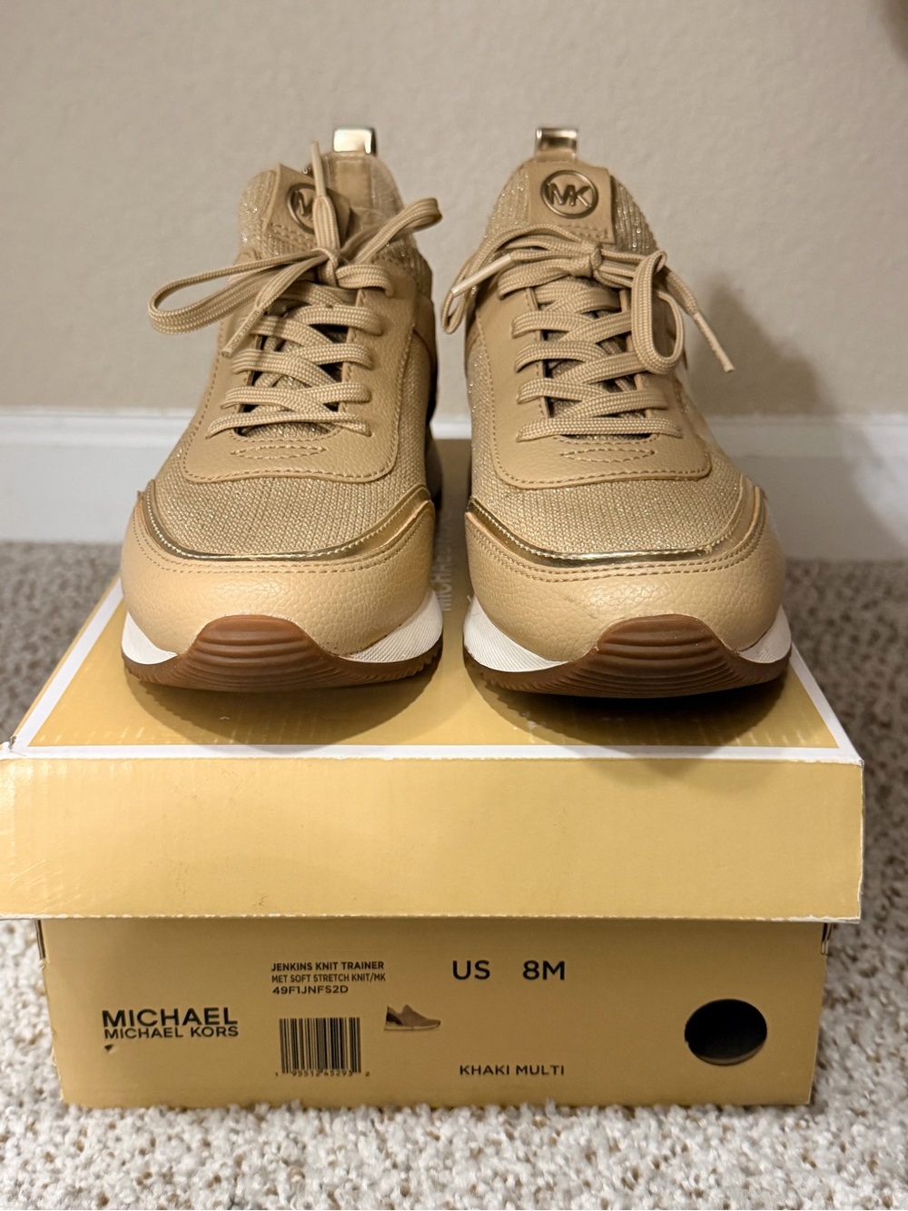 Michael Kors Jenkins Knit Trainer Sneakers Khaki Gold MK Logo Women’s Size 8